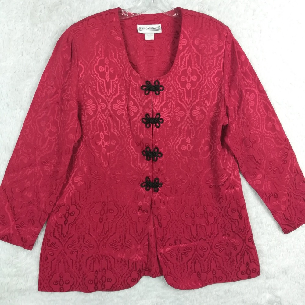 Vtg Jessica Howard Womens Jacket Cocktail Evening Red Oriental Print Textured 18
